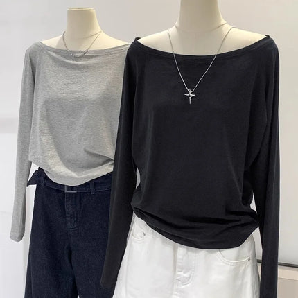One Shoulder Cotton Slant Shoulder Long Sleeve Women's Interior-Style Wide Truffle Shoulder Base Autumn Winter Shirt