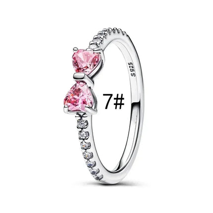 925 Sterling Silver Pink Bow Jewelry Set Ring Earrings Bracelet Necklace for Women Birthday Gift