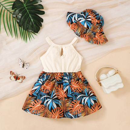 2Pcs Summer Baby girl Dress Maple leaves Bow Dress+Hat Set 0-3 Year Old Baby Girl Summer Beach Vacation Casual Dress
