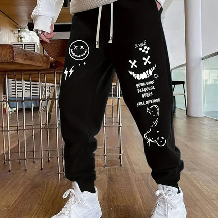 Autumn New Men'S Creative Smiley Face Personalized Letter Pattern Printed Casual Jogger Sweatpants With Drawstring Waist