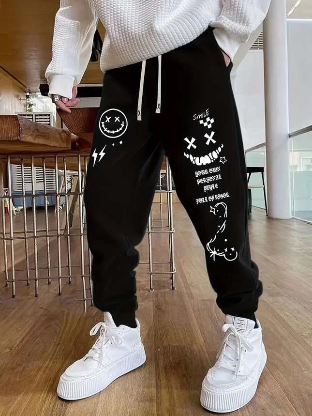Autumn New Men'S Creative Smiley Face Personalized Letter Pattern Printed Casual Jogger Sweatpants With Drawstring Waist