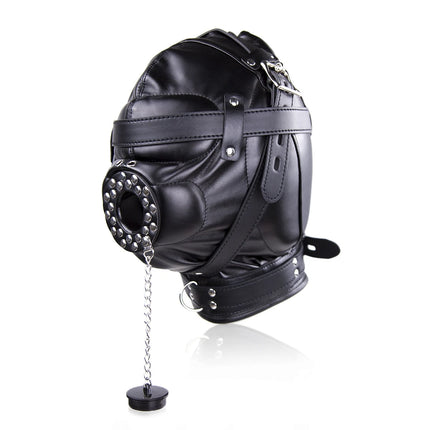 PU Leather Full Head Bondage Hood Mask Adjustable BDSM Headgear Blindfold with Chain Leash Role Play Costume Accessories