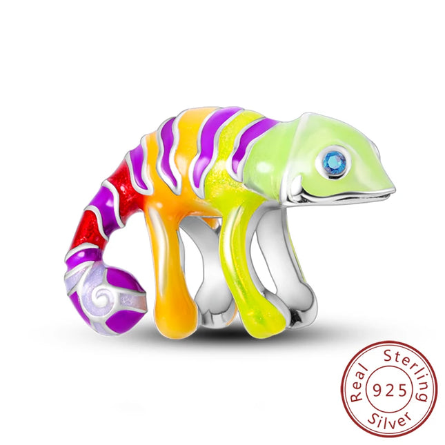 925 Sterling Silver Charms Beads Cute Fire Dragon Shaped Chameleon Charms Fit Original Pendants Bracelet DIY Women Jewelry Gift