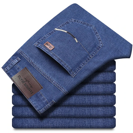 Spring Summer Classic Pocket Men Fit Straight Thin Jeans Cotton Elastic Middle Waist Business Casual Lightweight Pants