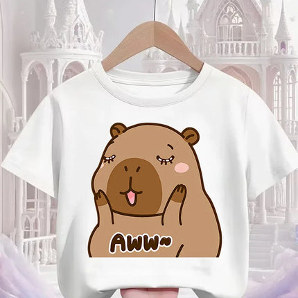 Cute Kawaii Capybara Crew Neck T Shirt Summer 3-14Y Boys Girls Fashion Street Hot Cartoon Casual Children