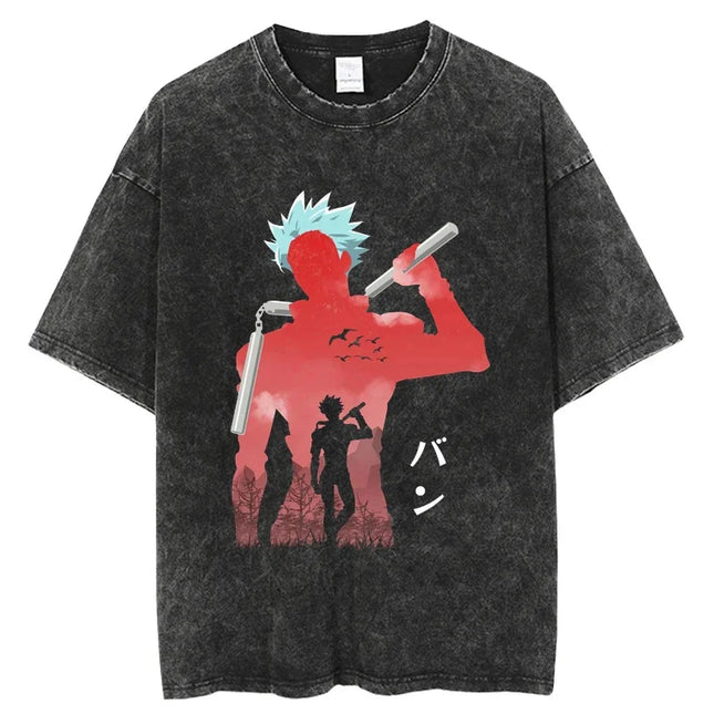 Hot Sale Anime Peripherals The Seven Deadly Sins Ban Print T-shirt Men Women Vintage Washed Cotton Top Oversized Summer New Tees
