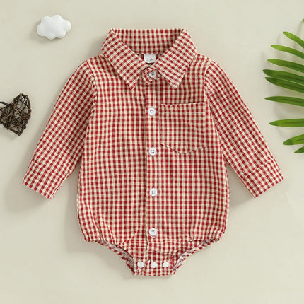 Pudcoco Baby Boys Plaid Romper Button-down Long Sleeve Lapel Neck Adorable Fall Jumpsuits