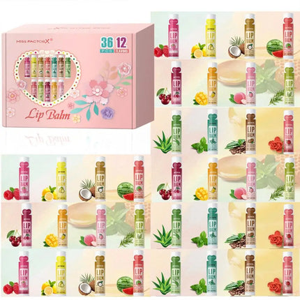 Moisturizing Lip Balm Set 36PCS, 12 Flavored Natural Lip Balms For Gifts Party Favors Bulk Fruit Lip Balms Dry Cracked Lip Care