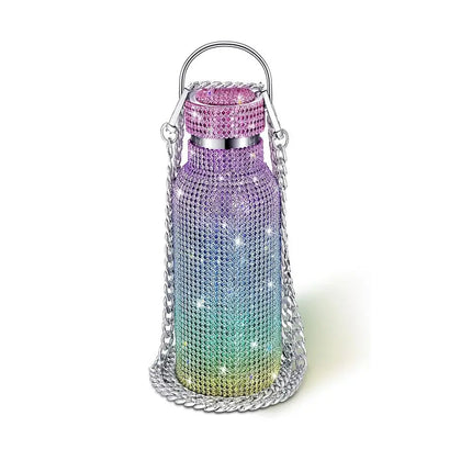 Thermal Rhinestone Water Bottle Stainless Steel Chain Bling Cups Removable Carrying Strap Refillable Glitter Tumbler Travel