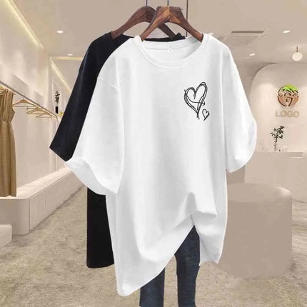 Summer 2025 New Elegant Love Print T-shirts Women Clothing Casual Loose Cotton Pullover Office Lady Basic Short Sleeve Top Tees