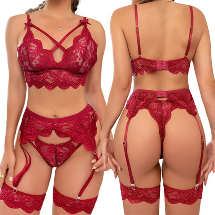 Transparent Erotic  Women Bra And Panty Garters 3 Piece See Through Lingerie Set Sexy Costumes Women's Hot Lace Underwear Set