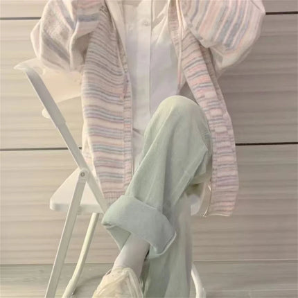 Beautiful And Unique Stripes Zipper Hooded Coat Spring And Autumn Dressing Up Collection Casual Fashion Trends Versatile