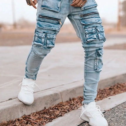 Men’s streetwear, multi pocket vehicle, snug, stretchy, light-colored jeans.