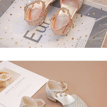 Girls High Heeled Shoes for Wedding Party Glitter Rhinestone Pendants Shiny Glitter Fashion Princess Kids Leather Dress Shoes
