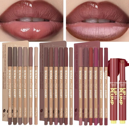 7Pcs Dark Brown Lip Liner with Color Lip Oil Lip Gloss Set, Moisturizing Solid Lip Gloss Jelly Lipstick, Matte Velvet Lipliner