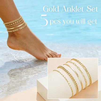 Women's golden ankle bracelet, 14k gold plated waterproof Cuban chain bracelet set, layered bracelet, adjustable size（5pcs）