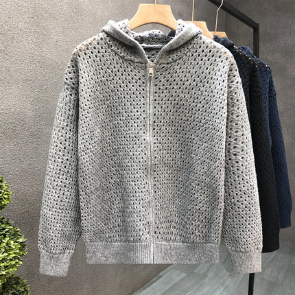 Men's Full Zip Hooded Knit Jacket Casual Hollow Out Mesh Zip Up Sweater Lightweight Summer Hoodie with Ribbed Cuffs