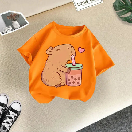 2025 Summer New Cute Animal Kapibala Fashion Printed Children's T-shirt Short Sleeve Fashion Pure Cotton Children's Clothing