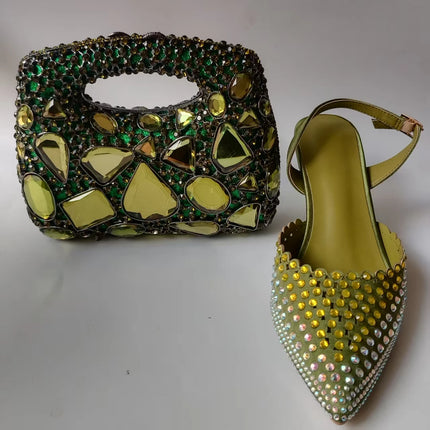 INSIGHTLINK Luxury Olive Green Rhinestones Women's Shoe and Bag Set for Party Wedding Crystals Heeled Pumps and Handbag Sandals
