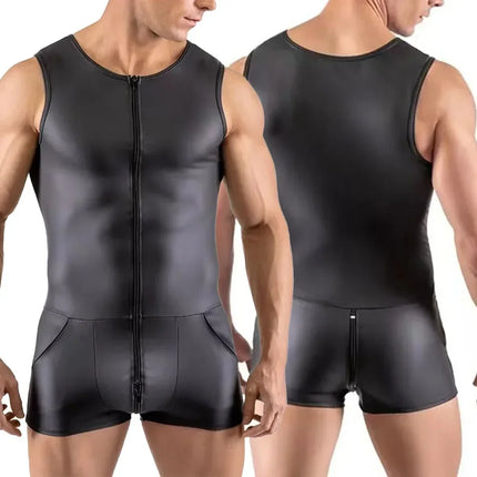 New Men Sexy Wet Look Lacquered Patent Leather Sleeveless Bodysuit Jumpsuit Clubwear Costume Zip Up Tight Solid Men's Bodysuits