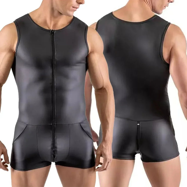 New Men's Sexy Wet Look Lacquered Patent Leather Sleeveless Bodysuit Jumpsuit Clubwear Costume Zip Up Tight Solid Men's Bodysuits