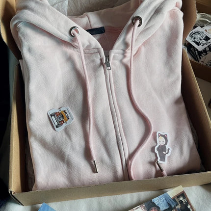 Pink Sweet Oversized Hoodie Autumn Long Sleeve Hooded Zip-up Cotton Sweatshirt Casual Simple Preppy Style Cute Hoodies Top Woman