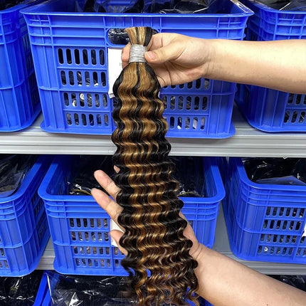 Human Braiding Hair for Boho Braids 50g/Pack Highlight Deep Wave Bulk Human Hair 4/27 Ombre Knotless Braiding Hair Extensions