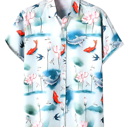 Fish pattern print, men's fashionable short sleeved shirt, loose top, outdoor street, casual and comfortable