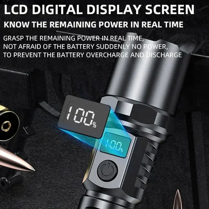 High Power Led Flashlight Type C Rechargeable Flashlights Digital Display Zoom Hand Light For Camping,Outdoor And Emergency