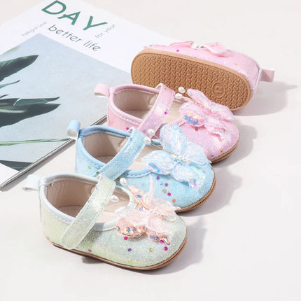 Shiny 3D Butterfly Princess Dress Shoes for Baby Girl Glitters Flats Non-Slip Crib Shoes Walking Shoes for Toddlers Infants
