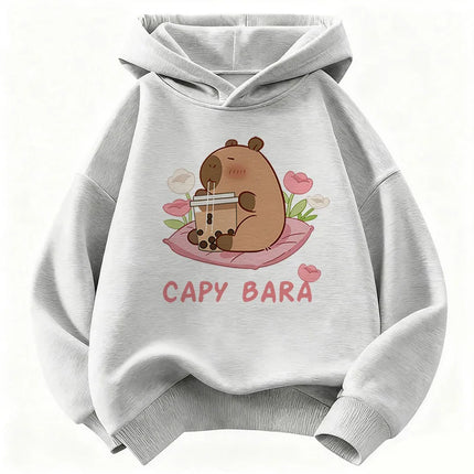 Kawaii Capybara Drinking Juice Hoodie Kids Flower Children's Sweatshirt Hoody for Boys Girls Casual Hoodies Clothes