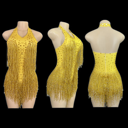 Sparkly Rhinestones Fringe Bodysuit Women Nightclub Party Dance Costume Stage Wear Sexy Tassel Leotard Performance Clothing 7G