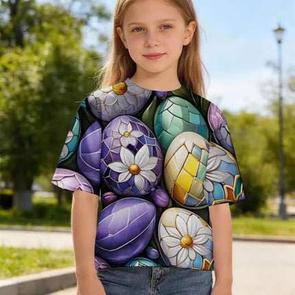 Children's Bunny Easter T-Shirt Fashion Short Sleeve Round Neck Regular Top Holiday Cute Rabbits Eggs Print Summer Girls Clothes