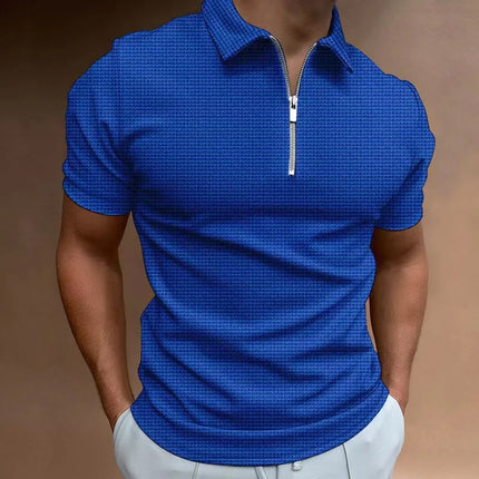 Spring/Summer Waffle Zipper Polo Shirt Checkered Color Blocked Men's T-shirt Top
