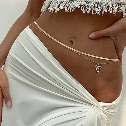 Sexy Bow Flat Snake Waist Chain for Women Simple Gold Color Metal Double Layered Belly Chain Summer Beach Jewelry Accessories
