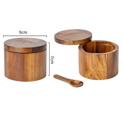 Acacia Wood Salt and Pepper Bowl Box with Lid and Spoon Acacia Salt Cellar with 360° Swivel Lid Spice Seasoning Container JT509