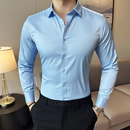 Seamless silk business casual shirt, long sleeved white non ironing elastic silk sliding cross shirt, men's formal wear