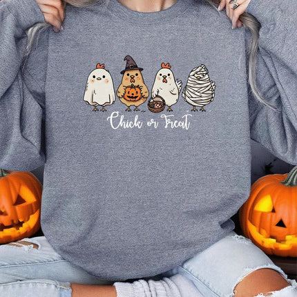 Four Different Shaped Chicks Prints Halloween Sweatshirt Women Winter Fleece Hoodie Crewneck Loose Pullover Casual Soft Clothes