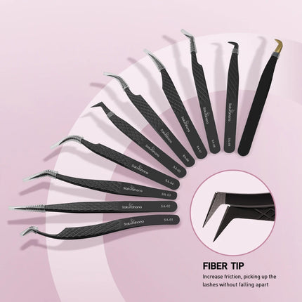 SAKURAHANA Professional Eyelash Tweezers Black Fiber Tip For Lash Extensions Mega Volume Mink Lashes Tool Makeup Artist Kit