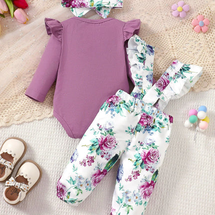 Newborn Girl Baby Set Purple Flared Sleeve Bodysuit + Flower Backband Pant for 0-24 Months Old Female Baby Spring & Autumn Set