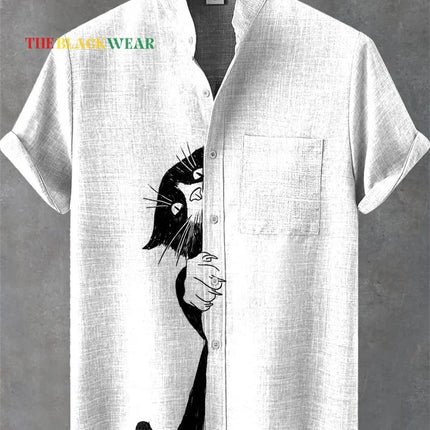 New Men's Comfortable Linen Short Sleeve Shirt High Quality Costume Art Print Cartoon Cat Pattern New Series
