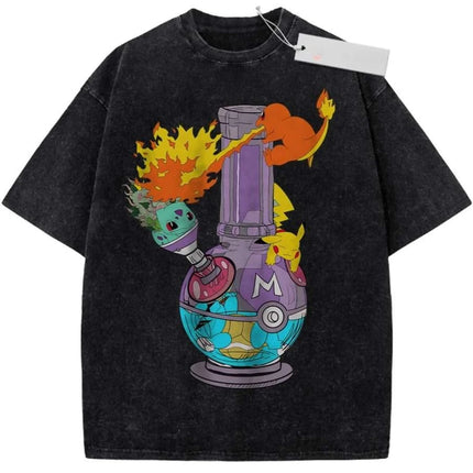 T Shirt Sports T Shirt Short Sleeve T Shirt Rose Red Unisex Pure Cotton Washed Vintage Pokemon Bulbasaur Pikachu Charmander