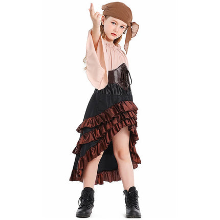 Kid Pirate Retro Cosplay Irregular Ruffled Skirt Girl High Waist Dress Children Halloween Carnival Party Performance Costume Set