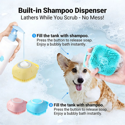 2-in-1 Pet Bath & Massage Brush with Shampoo Storage Silicone Dog Cat Grooming Tool for Puppy Kitten Sensitive Skin