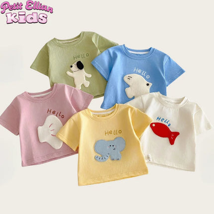 2026 New Summer Kids Clothes Cute Cartoon Patch Short Sleeve T-shirt 0-5Y Girls Boys Letter Print Casual Soft Undershirt