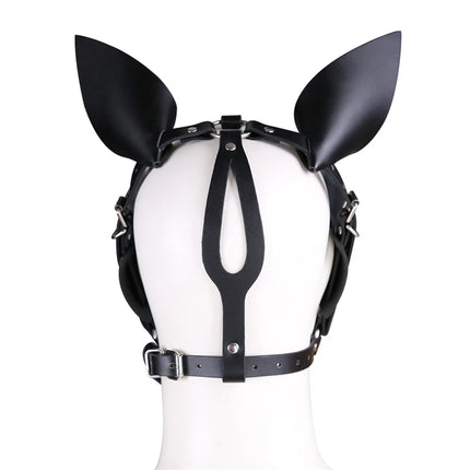 BDSM Fetish Leather Harness Head Piece Hood Mask With Silicone Bone Mouth Gag Ears Eye Shade Bit Blindfold For Pony Pet Cosplay