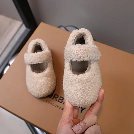 Children Fur Shoes 2024 Winter Kids Warm Plush Shoes For Girl Flat Loafers Moccasins Girls Casual Shoes Khaki, Beige