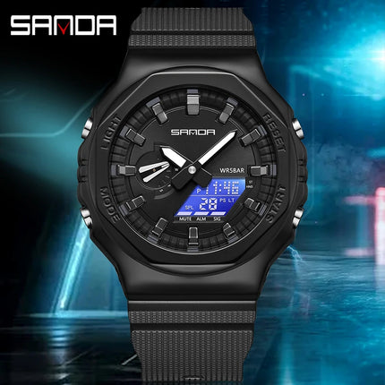 SANDA 3167 Top New Style Men's Casual Military Outdoor Sport Wrist Watch Quartz 50M Waterproof Fashion Dual Display Men's Watch