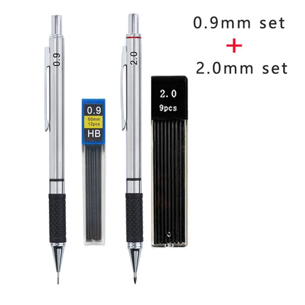 Metal Mechanical Pencil Set with Pencil Grip, Leads Art Drawing Student Office Supplies 0.5/0.7/0.9/2.0mm Automatic Pencil