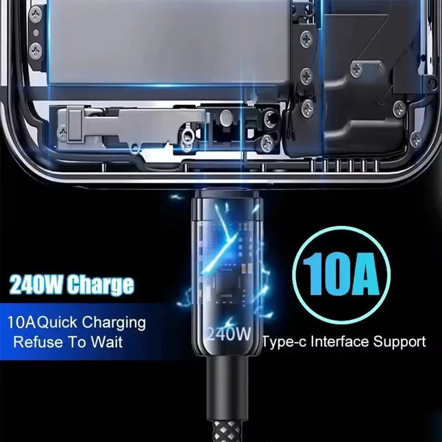 240W QC 3.0 USB to Type-C Super Fast Charging Cable for Samsung Xiaomi Huawei LED Digital Display Phone Charger Data Cord